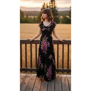 Lola P Womens Sheer Black‎ Beaded Overlay Dress Y2K Floral Whimsical PS Petite